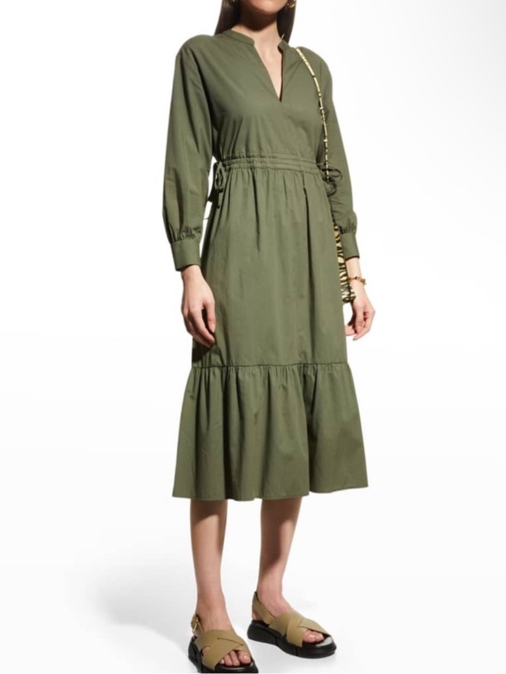 Rails Maple Olive Smoke Tiered Midi Dress Long Sleeve Drawstring Waist Boho